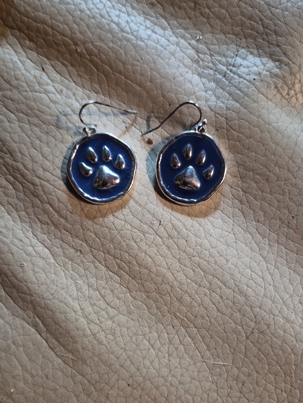 Paw Print Round Dangle Earrings in Navy Blue